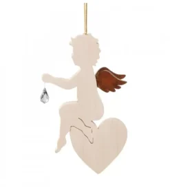 Ange En Bois D'Erable Avec Un Cristal Swarovski Assis Sur Un Coeur