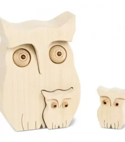 Chouette En Bois Avec Deux Bebes Chouettes, 10 Cm