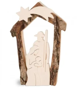 Crèche De Noël En Ecorce 12,5 Cm, Avec Nativite En Bois D'Erable
