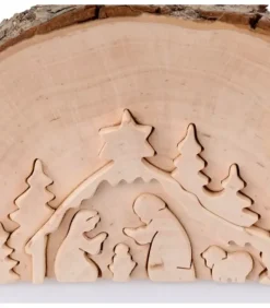 Crèche De Noël En Relief, Taillee Dans Un Rondin De Bois, 12 Cm