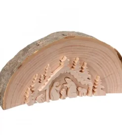 Crèche De Noël En Relief, Taillee Dans Un Rondin De Bois, 15 Cm