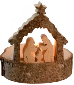 Crèche De Noël Sur Rondin De Bois Avec Bougeoir