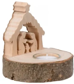 Crèche De Noël Sur Rondin De Bois Avec Bougeoir