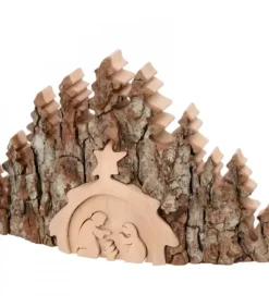 Crèche De Noël Taillee Dans Une Ecorce De Bois, Motif Etable, 20 Cm