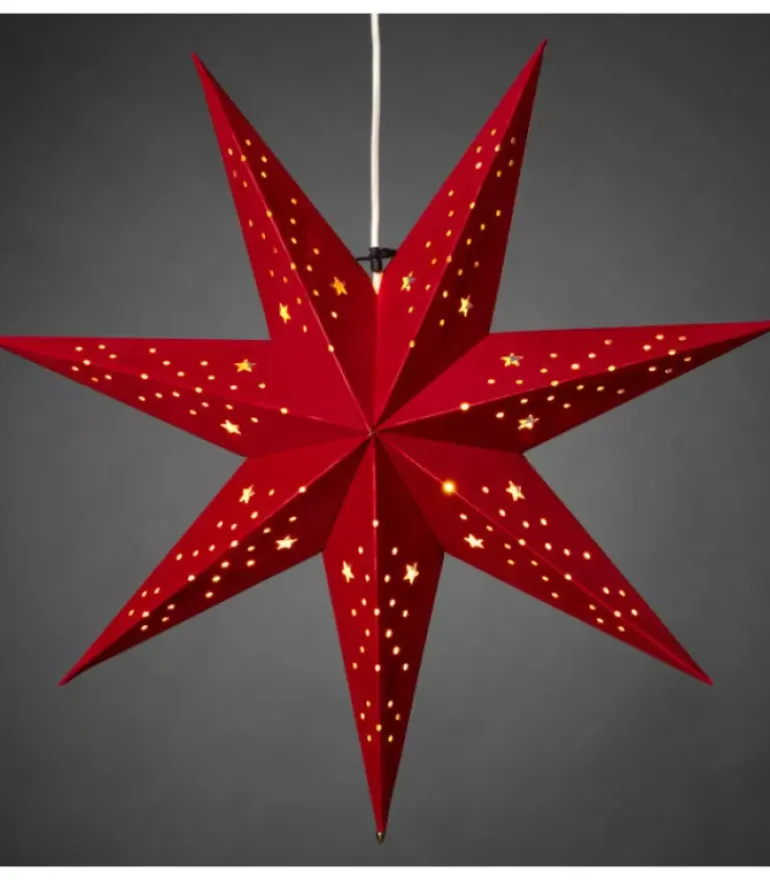 Etoile Lumineuse 7 Branches En Papier Velours Rouge A Suspendre, 60 Cm