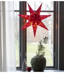 Etoile Lumineuse 7 Branches En Papier Velours Rouge A Suspendre, 60 Cm