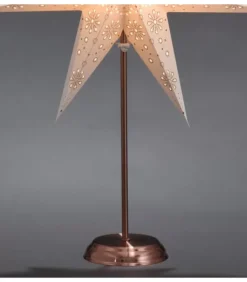 Etoile Lumineuse Electrique 7 Branches En Papier, Blanche, Sur Pied Cuivre 48 Cm