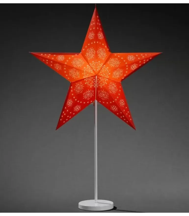 Etoile Lumineuse Electrique 5 Branches En Papier, Rouge, Sur Pied Blanc, 46 Cm