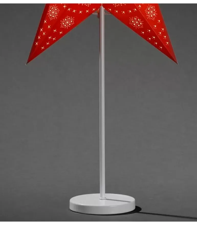 Etoile Lumineuse Electrique 5 Branches En Papier, Rouge, Sur Pied Blanc, 46 Cm