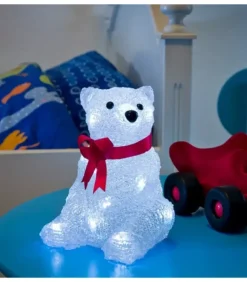 Ours Lumineux A Led En Acrylique Avec Ruban Rouge, 18 Cm