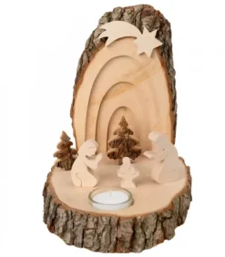 Petite Crèche De Noël En Ecorce De Bois Avec Sapins Et Bougeoir