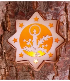 Photophore En Rondin De Bois, 2 Motifs Crèche Et Bougie