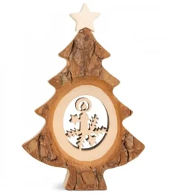 Sapin De Noël En Bois Avec Bougie Ciselee, 12 Cm